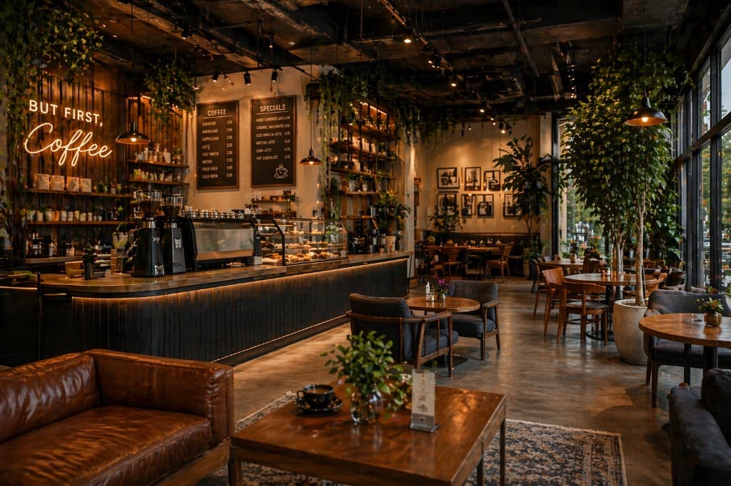 Interior de cafenea modernă: bară, espressor, canapea de piele și plante