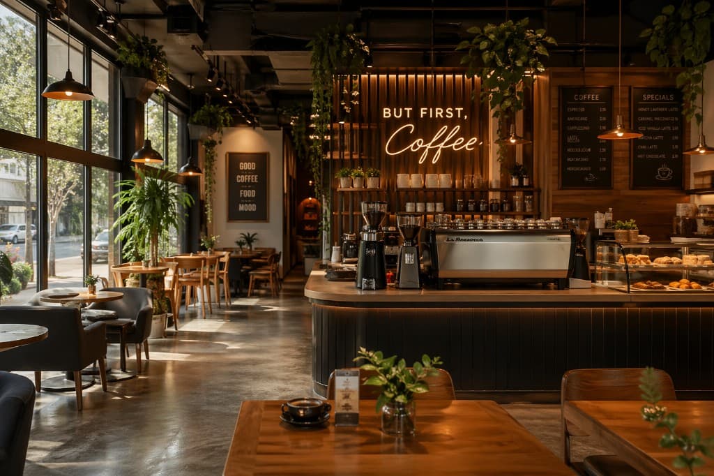 Interior cafenea cu tejghea, vitrină de prăjituri, neon și mese lângă ferestre