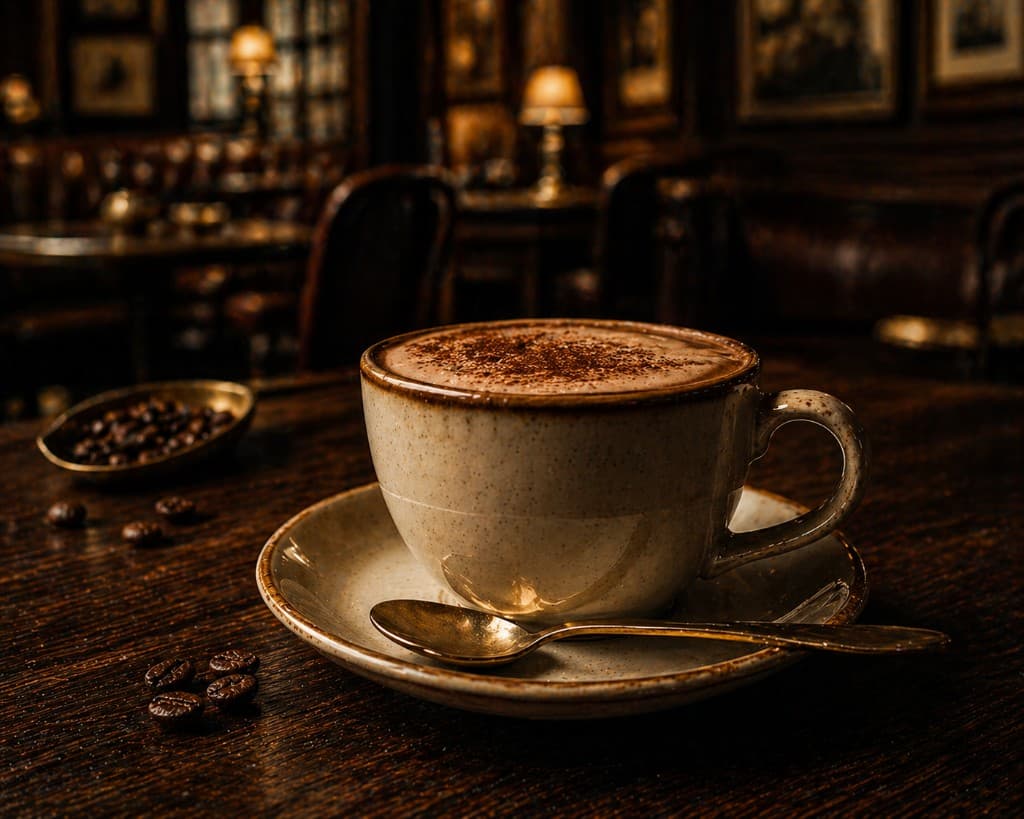 Cappuccino cu spumă fină și pudră de cacao, pe masă de lemn, în ambianță de cafenea caldă