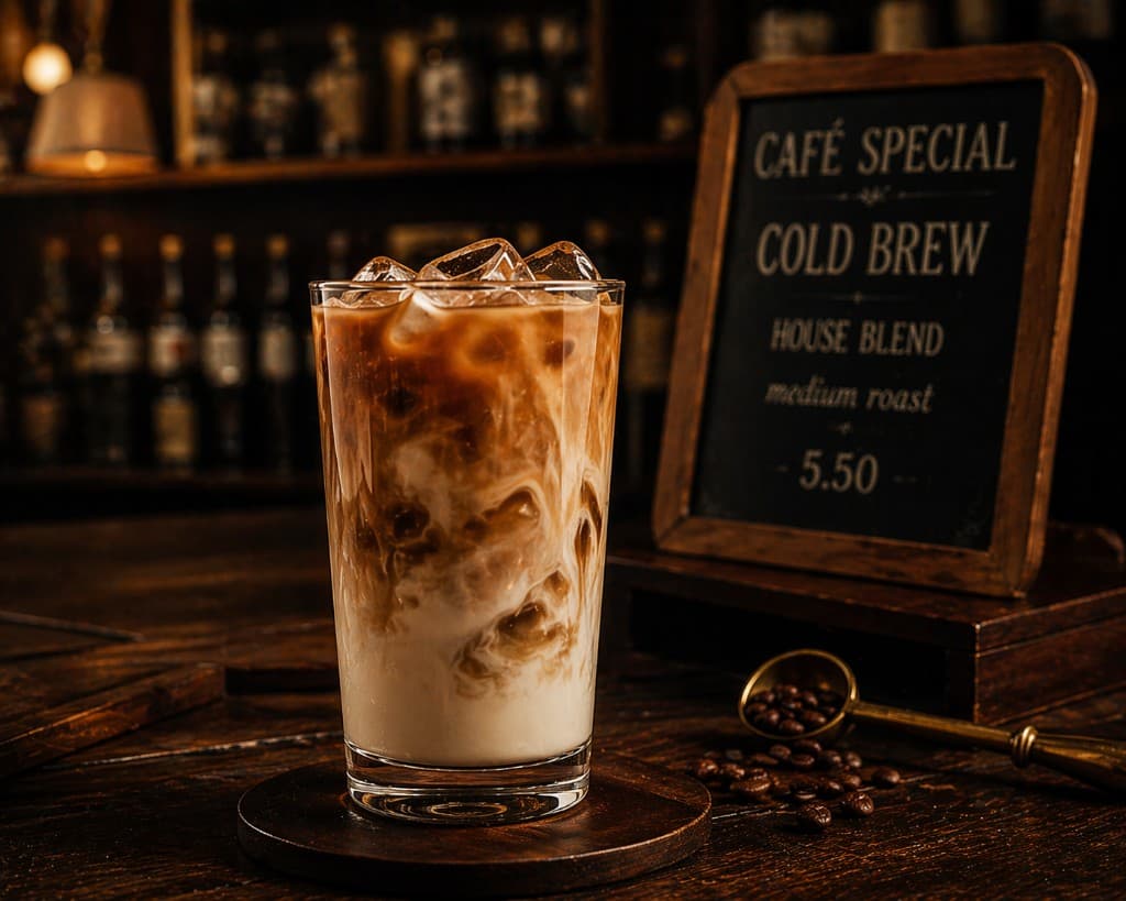 Cold brew cu gheață, lapte și cafea în pahar înalt