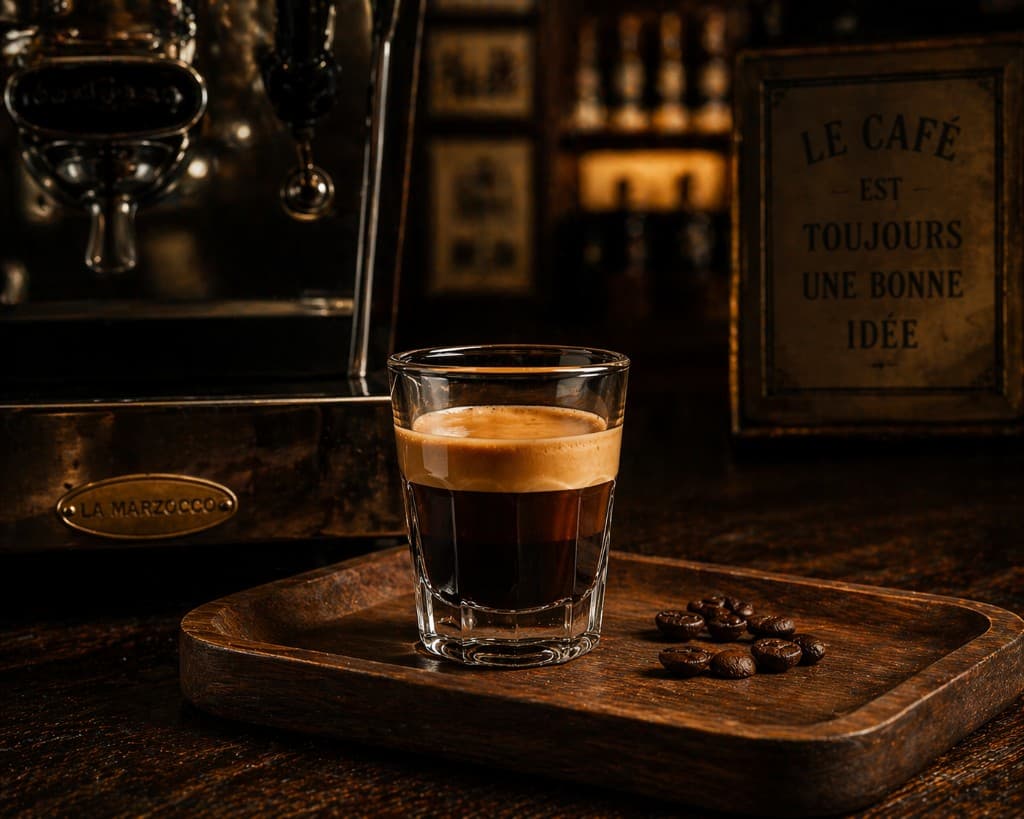 Espresso în pahar, lângă boabe, la espressor profesional