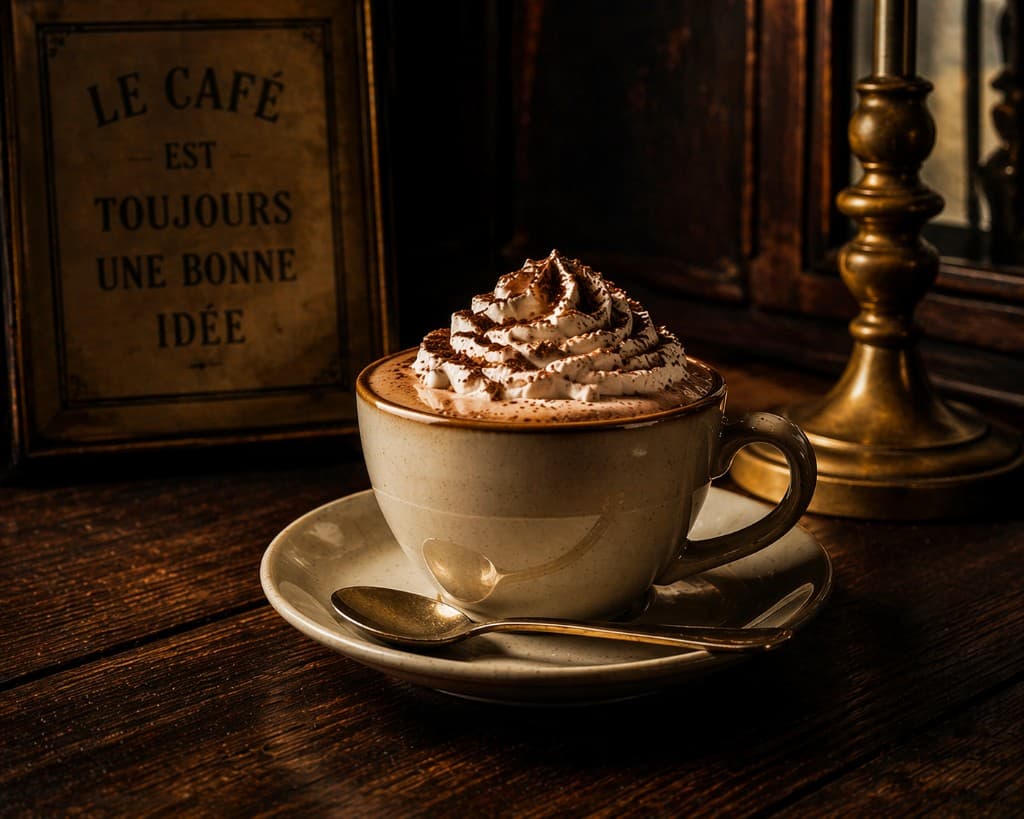 Băutură la cupă cu frișcă spiralată și pudră de cacao